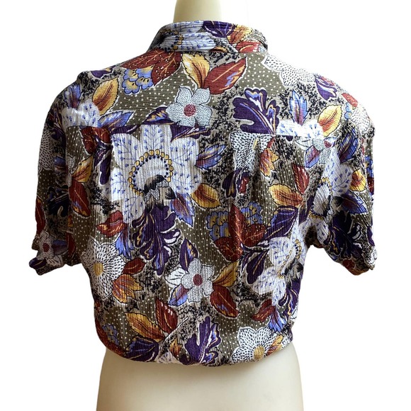 Vintage 90s Floral Crop Button Down Tie Front Top - Picture 2 of 4